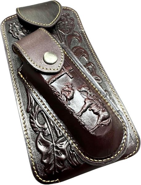 7" COWBOY PRAYER & KNIFE LEATHER POUCH HOLDER XTRA LARGE  BELT LOOP CELL PHONE CASE UNIVERSAL OVERSIZE #EH12300 -- FREE SHIPPING
