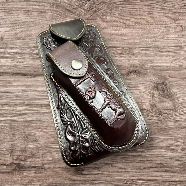7" COWBOY PRAYER & KNIFE LEATHER POUCH HOLDER XTRA LARGE  BELT LOOP CELL PHONE CASE UNIVERSAL OVERSIZE #EH12300 -- FREE SHIPPING