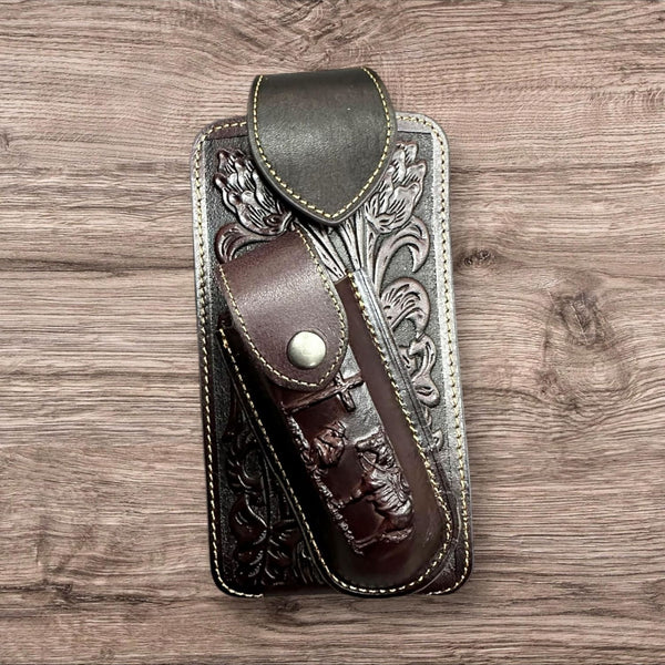 7" COWBOY PRAYER & KNIFE LEATHER POUCH HOLDER XTRA LARGE  BELT LOOP CELL PHONE CASE UNIVERSAL OVERSIZE #EH12300 -- FREE SHIPPING