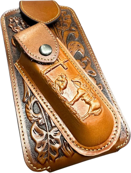7" COWBOY PRAYER & KNIFE LEATHER POUCH HOLDER XTRA LARGE  BELT LOOP CELL PHONE CASE UNIVERSAL OVERSIZE #EH12300 -- FREE SHIPPING