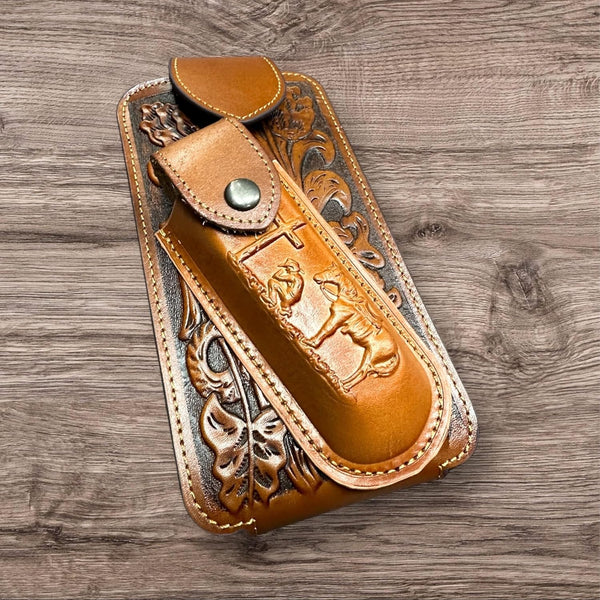 7" COWBOY PRAYER & KNIFE LEATHER POUCH HOLDER XTRA LARGE  BELT LOOP CELL PHONE CASE UNIVERSAL OVERSIZE #EH12300 -- FREE SHIPPING