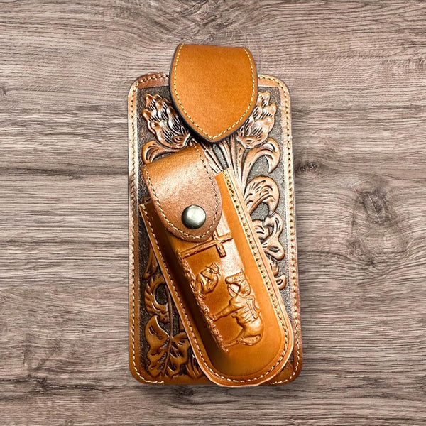 7" COWBOY PRAYER & KNIFE LEATHER POUCH HOLDER XTRA LARGE  BELT LOOP CELL PHONE CASE UNIVERSAL OVERSIZE #EH12300 -- FREE SHIPPING