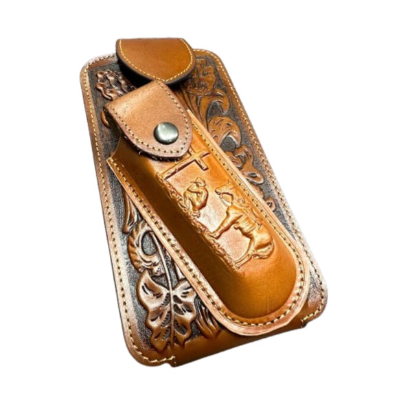 7" COWBOY PRAYER & KNIFE LEATHER POUCH HOLDER XTRA LARGE  BELT LOOP CELL PHONE CASE UNIVERSAL OVERSIZE #EH12300 -- FREE SHIPPING