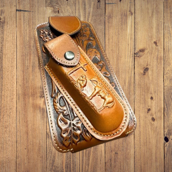 7" COWBOY PRAYER & KNIFE LEATHER POUCH HOLDER XTRA LARGE  BELT LOOP CELL PHONE CASE UNIVERSAL OVERSIZE #EH12300 -- FREE SHIPPING
