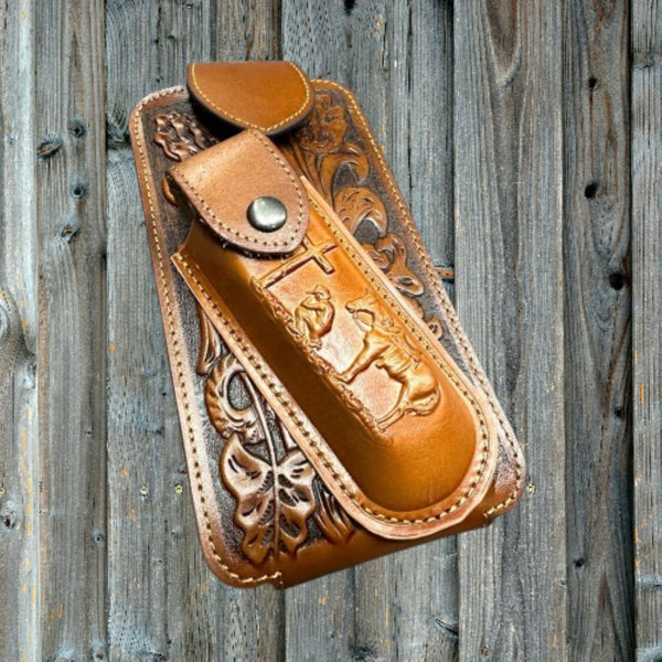7" COWBOY PRAYER & KNIFE LEATHER POUCH HOLDER XTRA LARGE  BELT LOOP CELL PHONE CASE UNIVERSAL OVERSIZE #EH12300 -- FREE SHIPPING