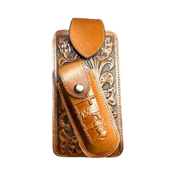 7" COWBOY PRAYER & KNIFE LEATHER POUCH HOLDER XTRA LARGE  BELT LOOP CELL PHONE CASE UNIVERSAL OVERSIZE #EH12300 -- FREE SHIPPING