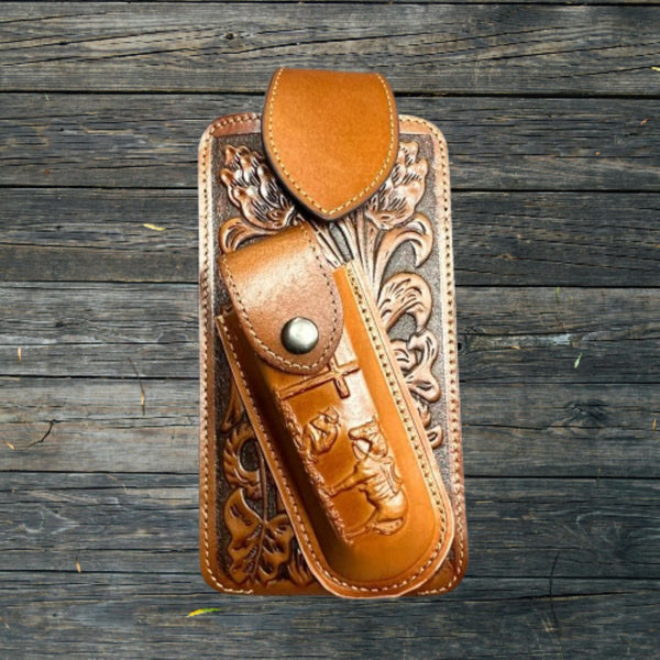 7" COWBOY PRAYER & KNIFE LEATHER POUCH HOLDER XTRA LARGE  BELT LOOP CELL PHONE CASE UNIVERSAL OVERSIZE #EH12300 -- FREE SHIPPING