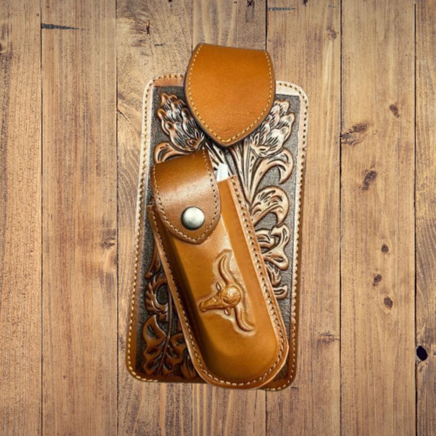 7" LONGHORNS & KNIFE LEATHER HOLSTER POUCH HOLDER XTRA LARGE BELT LOOP CELL PHONE CASE UNIVERSAL OVERSIZE #EH12303 -- FREE SHIPPING