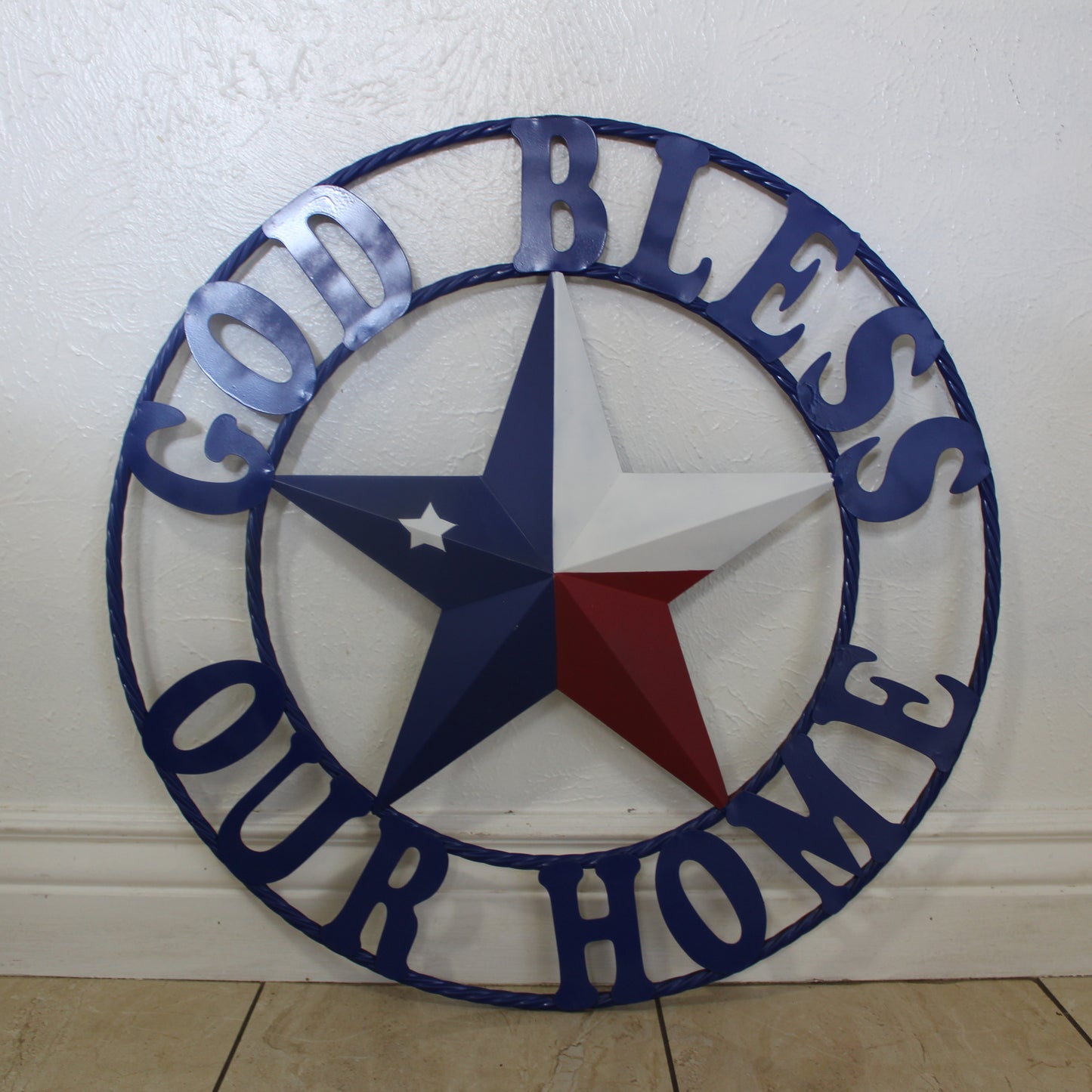 GOD BLESS OUR HOME BARN STAR INK BLUE METAL LONE STAR TWISTED ROPE RING WESTERN HOME DECOR HANDMADE #EH12843