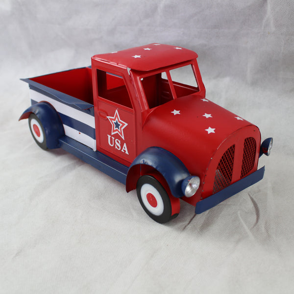 USA FLAG RED TRUCK 12" PICKUP TRUCK METAL ART FIGURINE VINTAGE GARDEN ART WESTERN HOME DECOR HANDMADE  #EH12865