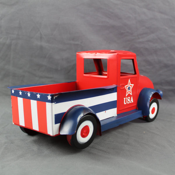 USA FLAG RED TRUCK 12" PICKUP TRUCK METAL ART FIGURINE VINTAGE GARDEN ART WESTERN HOME DECOR HANDMADE  #EH12865