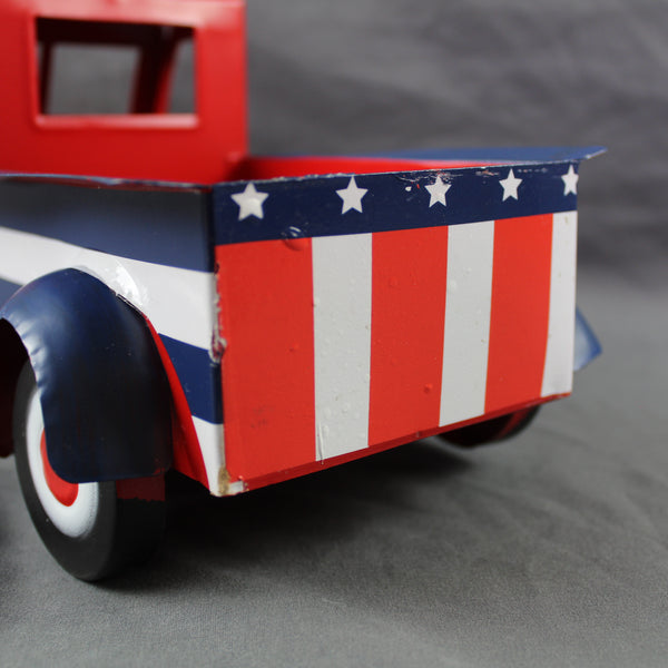 USA FLAG RED TRUCK 12" PICKUP TRUCK METAL ART FIGURINE VINTAGE GARDEN ART WESTERN HOME DECOR HANDMADE  #EH12865