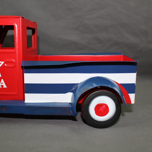 USA FLAG RED TRUCK 12" PICKUP TRUCK METAL ART FIGURINE VINTAGE GARDEN ART WESTERN HOME DECOR HANDMADE  #EH12865