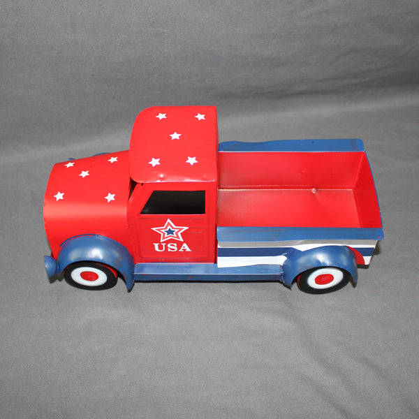 USA FLAG RED TRUCK 12" PICKUP TRUCK METAL ART FIGURINE VINTAGE GARDEN ART WESTERN HOME DECOR HANDMADE  #EH12865
