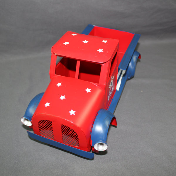 USA FLAG RED TRUCK 12" PICKUP TRUCK METAL ART FIGURINE VINTAGE GARDEN ART WESTERN HOME DECOR HANDMADE  #EH12865
