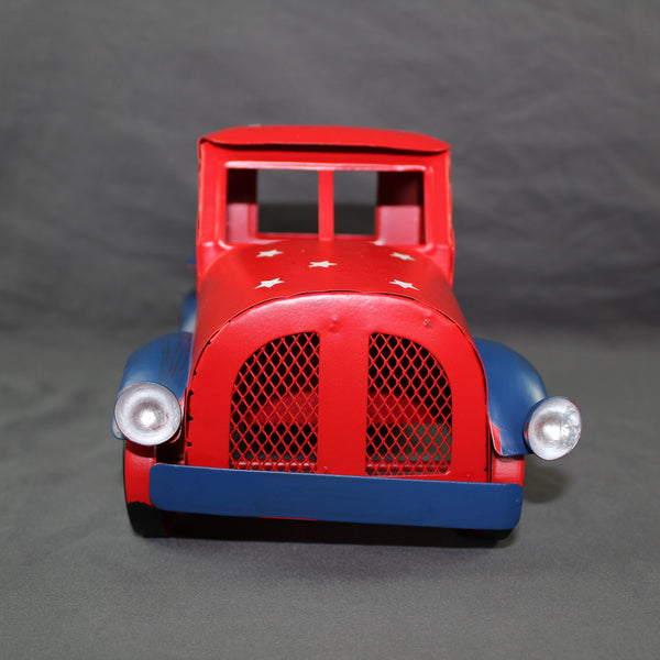 USA FLAG RED TRUCK 12" PICKUP TRUCK METAL ART FIGURINE VINTAGE GARDEN ART WESTERN HOME DECOR HANDMADE  #EH12865