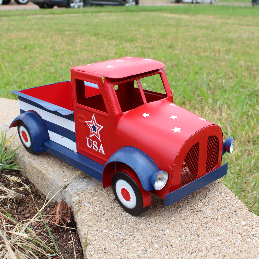 USA FLAG RED TRUCK 12" PICKUP TRUCK METAL ART FIGURINE VINTAGE GARDEN ART WESTERN HOME DECOR HANDMADE  #EH12865