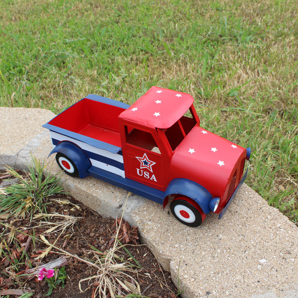 USA FLAG RED TRUCK 12" PICKUP TRUCK METAL ART FIGURINE VINTAGE GARDEN ART WESTERN HOME DECOR HANDMADE  #EH12865