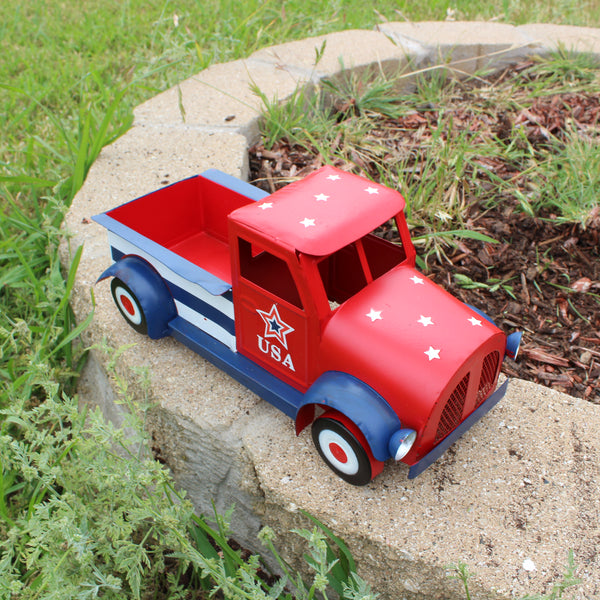 USA FLAG RED TRUCK 12" PICKUP TRUCK METAL ART FIGURINE VINTAGE GARDEN ART WESTERN HOME DECOR HANDMADE  #EH12865