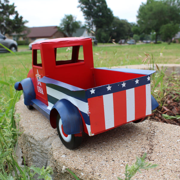 USA FLAG RED TRUCK 12" PICKUP TRUCK METAL ART FIGURINE VINTAGE GARDEN ART WESTERN HOME DECOR HANDMADE  #EH12865