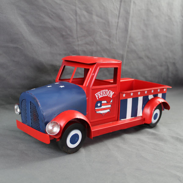 USA FREEDOM RED TRUCK 12" PICKUP TRUCK METAL ART FIGURINE VINTAGE WESTERN HOME DECOR HANDMADE  #EH12863