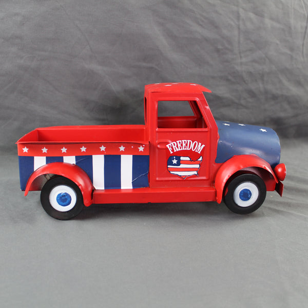 USA FREEDOM RED TRUCK 12" PICKUP TRUCK METAL ART FIGURINE VINTAGE WESTERN HOME DECOR HANDMADE  #EH12863