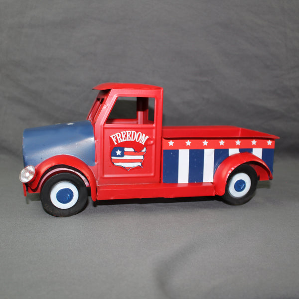 USA FREEDOM RED TRUCK 12" PICKUP TRUCK METAL ART FIGURINE VINTAGE WESTERN HOME DECOR HANDMADE  #EH12863
