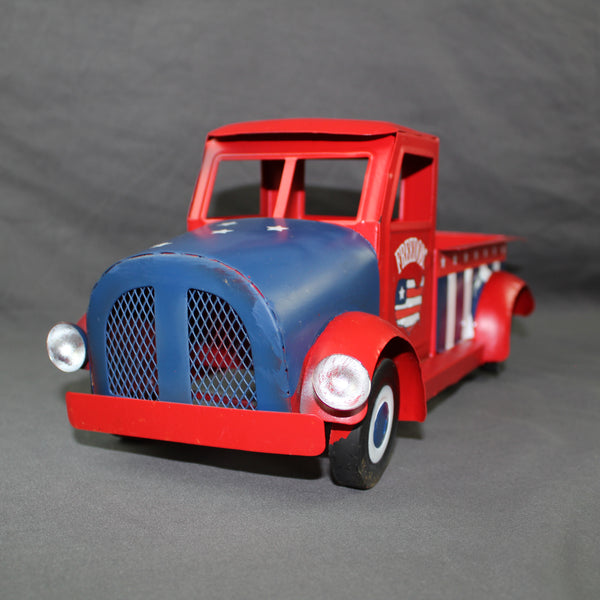 USA FREEDOM RED TRUCK 12" PICKUP TRUCK METAL ART FIGURINE VINTAGE WESTERN HOME DECOR HANDMADE  #EH12863