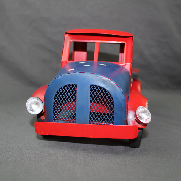 USA FREEDOM RED TRUCK 12" PICKUP TRUCK METAL ART FIGURINE VINTAGE WESTERN HOME DECOR HANDMADE  #EH12863