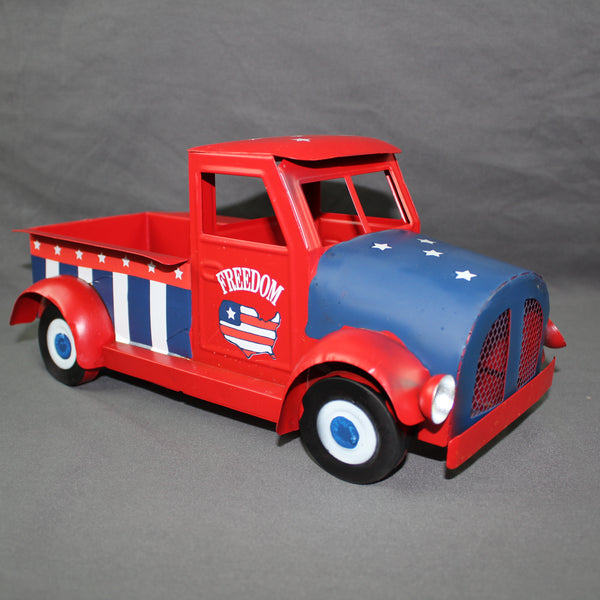 USA FREEDOM RED TRUCK 12" PICKUP TRUCK METAL ART FIGURINE VINTAGE WESTERN HOME DECOR HANDMADE  #EH12863