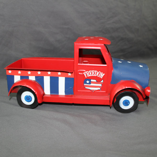 USA FREEDOM RED TRUCK 12" PICKUP TRUCK METAL ART FIGURINE VINTAGE WESTERN HOME DECOR HANDMADE  #EH12863