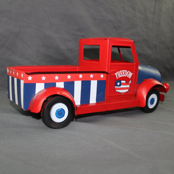USA FREEDOM RED TRUCK 12" PICKUP TRUCK METAL ART FIGURINE VINTAGE WESTERN HOME DECOR HANDMADE  #EH12863