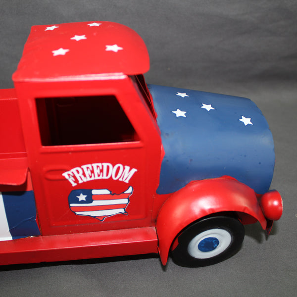USA FREEDOM RED TRUCK 12" PICKUP TRUCK METAL ART FIGURINE VINTAGE WESTERN HOME DECOR HANDMADE  #EH12863