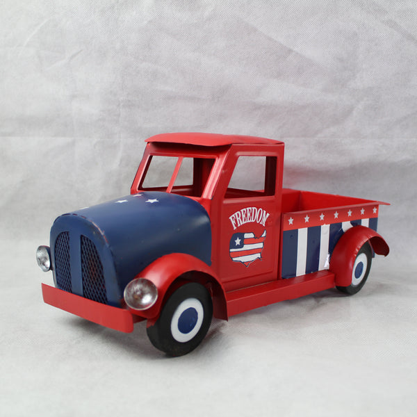 USA FREEDOM RED TRUCK 12" PICKUP TRUCK METAL ART FIGURINE VINTAGE WESTERN HOME DECOR HANDMADE  #EH12863