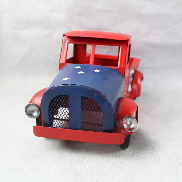 USA FREEDOM RED TRUCK 12" PICKUP TRUCK METAL ART FIGURINE VINTAGE WESTERN HOME DECOR HANDMADE  #EH12863