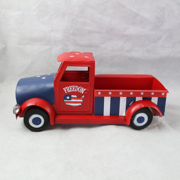 USA FREEDOM RED TRUCK 12" PICKUP TRUCK METAL ART FIGURINE VINTAGE WESTERN HOME DECOR HANDMADE  #EH12863