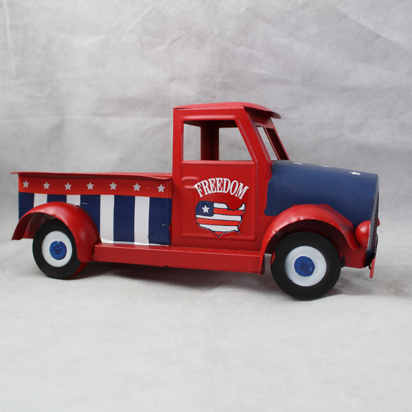 USA FREEDOM RED TRUCK 12" PICKUP TRUCK METAL ART FIGURINE VINTAGE WESTERN HOME DECOR HANDMADE  #EH12863