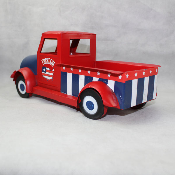 USA FREEDOM RED TRUCK 12" PICKUP TRUCK METAL ART FIGURINE VINTAGE WESTERN HOME DECOR HANDMADE  #EH12863