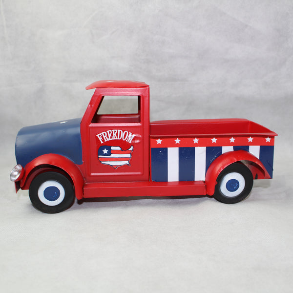 USA FREEDOM RED TRUCK 12" PICKUP TRUCK METAL ART FIGURINE VINTAGE WESTERN HOME DECOR HANDMADE  #EH12863