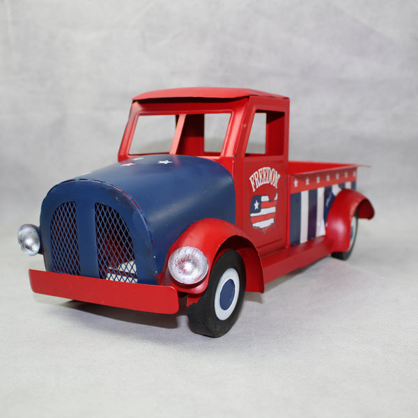 USA FREEDOM RED TRUCK 12" PICKUP TRUCK METAL ART FIGURINE VINTAGE WESTERN HOME DECOR HANDMADE  #EH12863