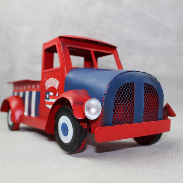 USA FREEDOM RED TRUCK 12" PICKUP TRUCK METAL ART FIGURINE VINTAGE WESTERN HOME DECOR HANDMADE  #EH12863