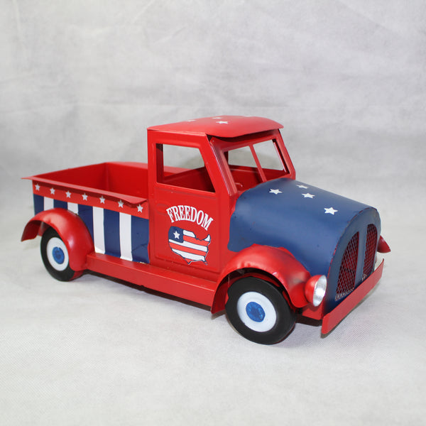 USA FREEDOM RED TRUCK 12" PICKUP TRUCK METAL ART FIGURINE VINTAGE WESTERN HOME DECOR HANDMADE  #EH12863