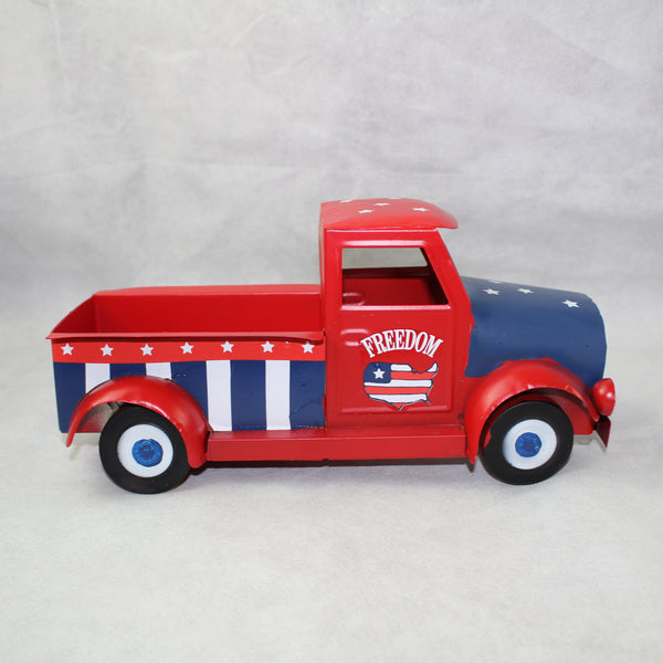 USA FREEDOM RED TRUCK 12" PICKUP TRUCK METAL ART FIGURINE VINTAGE WESTERN HOME DECOR HANDMADE  #EH12863