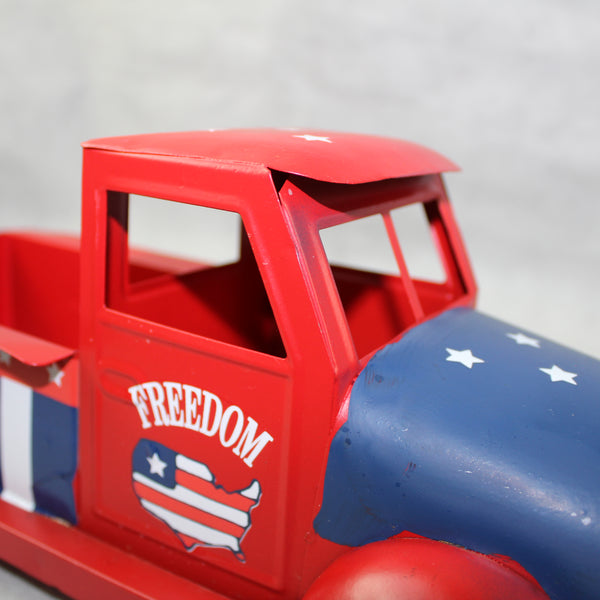 USA FREEDOM RED TRUCK 12" PICKUP TRUCK METAL ART FIGURINE VINTAGE WESTERN HOME DECOR HANDMADE  #EH12863
