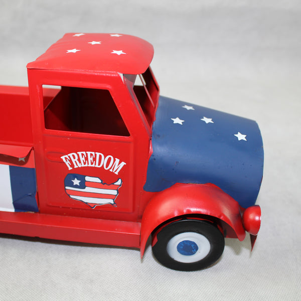 USA FREEDOM RED TRUCK 12" PICKUP TRUCK METAL ART FIGURINE VINTAGE WESTERN HOME DECOR HANDMADE  #EH12863