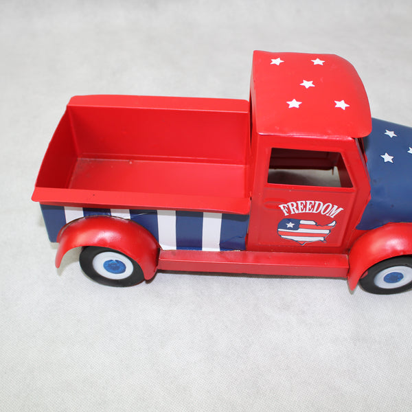 USA FREEDOM RED TRUCK 12" PICKUP TRUCK METAL ART FIGURINE VINTAGE WESTERN HOME DECOR HANDMADE  #EH12863