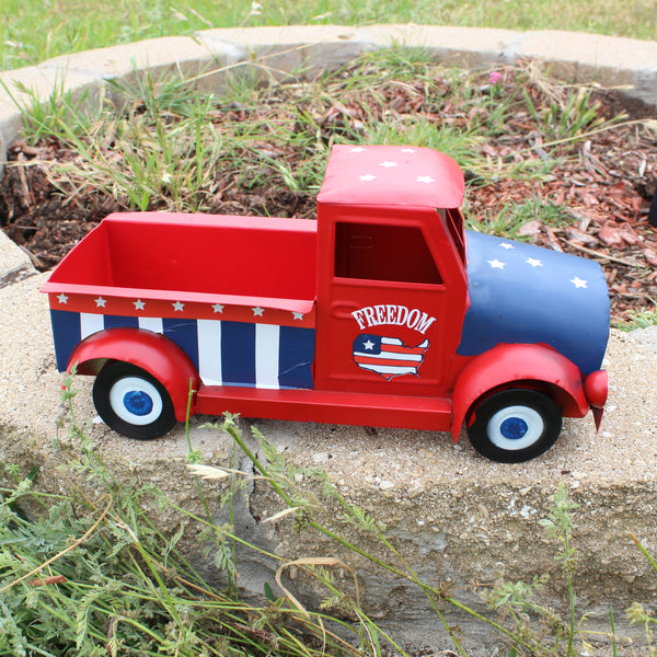 USA FREEDOM RED TRUCK 12" PICKUP TRUCK METAL ART FIGURINE VINTAGE WESTERN HOME DECOR HANDMADE  #EH12863