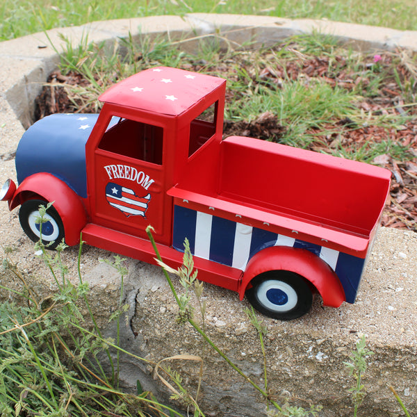 USA FREEDOM RED TRUCK 12" PICKUP TRUCK METAL ART FIGURINE VINTAGE WESTERN HOME DECOR HANDMADE  #EH12863