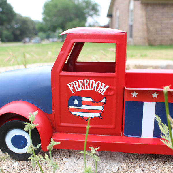 USA FREEDOM RED TRUCK 12" PICKUP TRUCK METAL ART FIGURINE VINTAGE WESTERN HOME DECOR HANDMADE  #EH12863