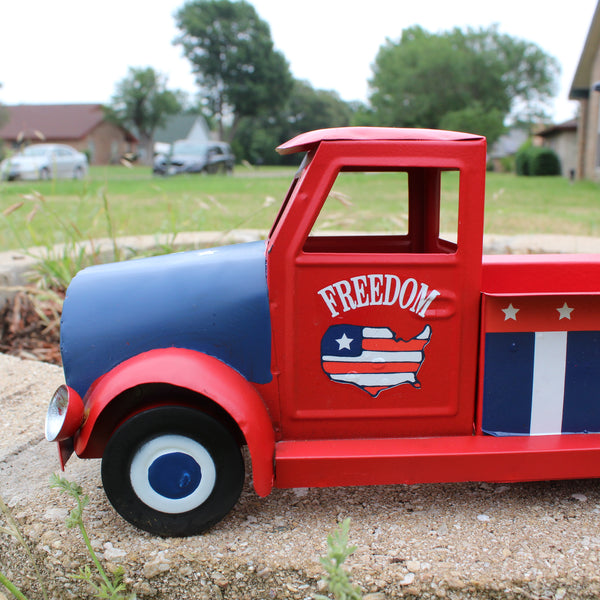 USA FREEDOM RED TRUCK 12" PICKUP TRUCK METAL ART FIGURINE VINTAGE WESTERN HOME DECOR HANDMADE  #EH12863